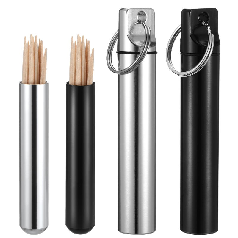 YUXIANLB 4PCS Metal Toothpick Holder Small Pills Cases For Purse Portable Dental Pick Holder Travel Pills Box Toothpick Dispenser Aluminum Alloy Pocket Toothpick Cases With Keychain For Outdoor Picnic